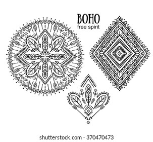 Vector Tribal elements, ethnic collection, aztec stylish ornaments, boho design isolated on white background