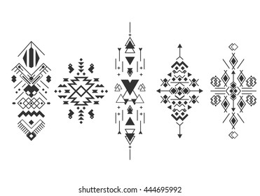 Vector Tribal elements, ethnic collection, aztec stile, tribal design isolated on white background. Abstract ornament geometric aztec native pattern art. Triangle geometrical aztec ornamental.