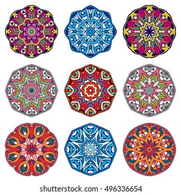 Vector Tribal elements, ethnic collection, aztec stile, circle design isolated on white background. Set Mandalas. Round Ornament Pattern