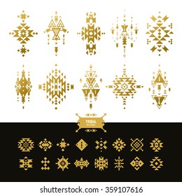 Vector Tribal elements gold colors with hipster logo, aztec patterns and ethnic symbols isolated on white background