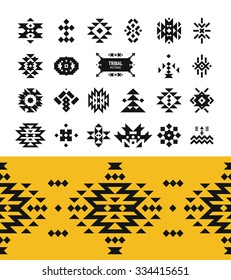 Vector Tribal elements with hipster logo, aztec patterns and ethnic symbols isolated on white background