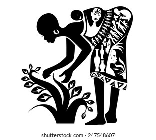 Vector Tribal Ethnic African Working Woman, Illustration, Tattoo Stamp - Simple