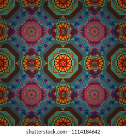 Vector tribal ethnic ornament. Bandanna shawl, tablecloth fabric print, silk neck scarf, kerchief design. Decorative colorful seamless pattern, geometric pattern in orange, brown and blue colors.