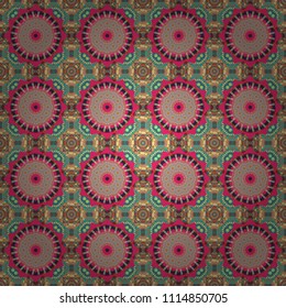 Vector tribal ethnic ornament. Bandanna shawl, tablecloth fabric print, silk neck scarf, kerchief design. Decorative colorful seamless pattern, geometric pattern in yellow, pink and blue colors.