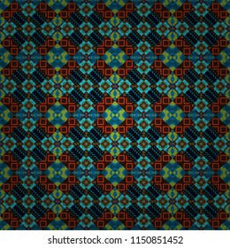 Vector tribal ethnic ornament. Bandanna shawl, tablecloth fabric print, silk neck scarf, kerchief design. Decorative colorful seamless pattern, geometric pattern in blue, brown and green colors.