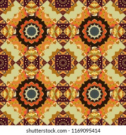 Vector tribal ethnic ornament. Bandanna shawl, tablecloth fabric print, silk neck scarf, kerchief design. Decorative colorful seamless pattern, geometric pattern in orange, brown and yellow colors.