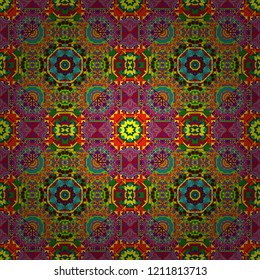 Vector tribal ethnic ornament. Bandanna shawl, tablecloth fabric print, silk neck scarf, kerchief design. Decorative colorful seamless pattern, geometric pattern in yellow, gray and white colors.