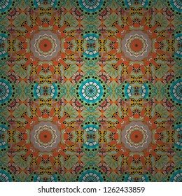 Vector tribal ethnic ornament. Decorative colorful seamless pattern, geometric pattern in blue, yellow and brown colors. Bandanna shawl, tablecloth fabric print, silk neck scarf, kerchief design.