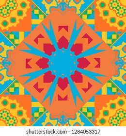 Vector tribal ethnic ornament. Decorative colorful seamless pattern, geometric pattern in blue, yellow and orange colors. Bandanna shawl, tablecloth fabric print, silk neck scarf, kerchief design.