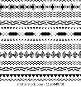 Vector tribal ethnic seamless pattern in black white colors Aztec geometric background. Mexican ornament texture Native american traditional design Folk horizontal geometric print fo wallpaper wrap