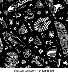 Vector tribal ethnic seamless pattern with Egypt symbols 