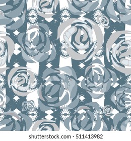 Vector tribal floral print. Ethnic background with roses. Tropical wallpaper with flowers and aztec stripes. Seamless pattern with floral design. Watercolor hawaiian texture.