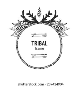 Vector tribal frame with arrows, indian feathers and horns, ethnic frame, navajo style 