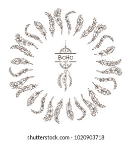 Vector tribal frame with place for Your text. Illustration of ethnic feathers, dreamcatcher. Boho style art, perfect for invitations, quotes, blogs, posters and more. Suitable for coloring book