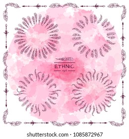 Vector tribal frame with place for Your text. Illustration of ethnic feathers, dreamcatcher on beautiful rose background. Boho style art, perfect for invitations, quotes, blogs, posters