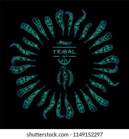 Vector tribal frame with place for Your text. Illustration of ethnic feathers, dreamcatcher. Boho style art, perfect for invitations, quotes, blogs, posters and more. Blue and green colors