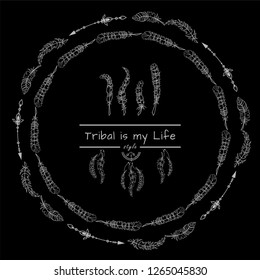 Vector tribal frame with place for Your text. Illustration of ethnic feathers, dreamcatcher. Boho style art, perfect for invitations, quotes, blogs, posters and more. Black and white chalkboard style