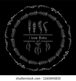 Vector tribal frame with place for Your text. Illustration of ethnic feathers, dreamcatcher. Boho style art, perfect for invitations, quotes, blogs, posters and more. Black and white chalkboard style