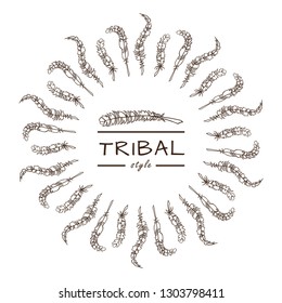 Vector tribal frame with place for Your text. Illustration of ethnic feathers, dreamcatcher. Boho style art, perfect for invitations, quotes, blogs, posters and more. Suitable for coloring book