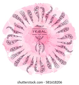 Vector tribal frame with place for Your text. Illustration of ethnic feathers, dreamcatcher on beautiful rose background. Boho style art, perfect for invitations, quotes, blogs, posters