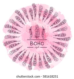 Vector tribal frame with place for Your text. Illustration of ethnic feathers, dreamcatcher on beautiful rose background. Boho style art, perfect for invitations, quotes, blogs, posters