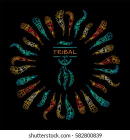 Vector tribal frame with place for Your text. Illustration of ethnic feathers, dreamcatcher. Boho style art, perfect for invitations, quotes, blogs, posters and more. Bright blue and gold colors 