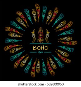 Vector tribal frame with place for Your text. Illustration of ethnic feathers, dreamcatcher. Boho style art, perfect for invitations, quotes, blogs, posters and more. Bright blue and gold colors 