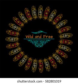 Vector tribal frame with place for Your text. Illustration of ethnic feathers, dreamcatcher. Boho style art, perfect for invitations, quotes, blogs, posters and more. Bright blue and gold colors 