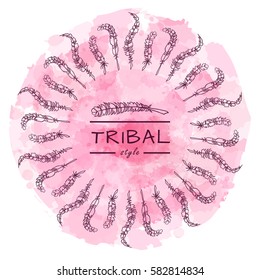 Vector tribal frame with place for Your text. Illustration of ethnic feathers, dreamcatcher on beautiful rose background. Boho style art, perfect for invitations, quotes, blogs, posters 
