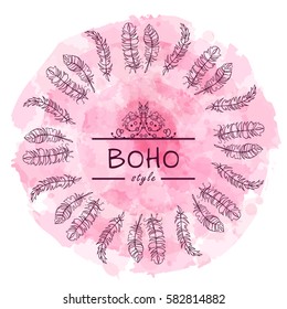 Vector tribal frame with place for Your text. Illustration of ethnic feathers, dreamcatcher on beautiful rose background. Boho style art, perfect for invitations, quotes, blogs, posters 