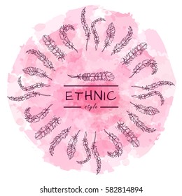Vector tribal frame with place for Your text. Illustration of ethnic feathers, dreamcatcher on beautiful rose background. Boho style art, perfect for invitations, quotes, blogs, posters 