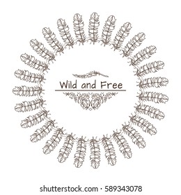 Vector tribal frame with place for Your text. Illustration of ethnic feathers, dreamcatcher. Boho style art, perfect for invitations, quotes, blogs, posters and more. Suitable for coloring book 