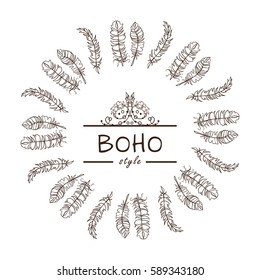 Vector tribal frame with place for Your text. Illustration of ethnic feathers, dreamcatcher. Boho style art, perfect for invitations, quotes, blogs, posters and more. Suitable for coloring book 