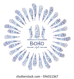 Vector tribal frame with place for Your text. Illustration of ethnic feathers, dreamcatcher. Boho style art, perfect for invitations, quotes, posters and more. Blue watercolor style, isolated on white