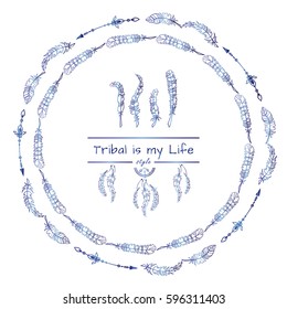 Vector tribal frame with place for Your text. Illustration of ethnic feathers, dreamcatcher. Boho style art, perfect for invitations, quotes, posters and more. Blue watercolor style, isolated on white