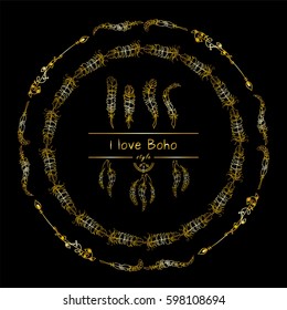 Vector tribal frame with place for Your text. Illustration of ethnic feathers, dreamcatcher. Boho style art, perfect for invitations, quotes, blogs, posters and more. Premium gold style  