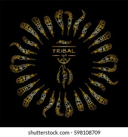Vector tribal frame with place for Your text. Illustration of ethnic feathers, dreamcatcher. Boho style art, perfect for invitations, quotes, blogs, posters and more. Premium gold style  