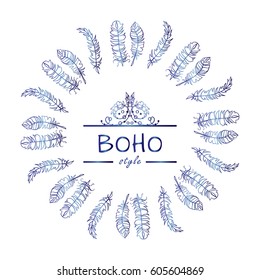 Vector tribal frame with place for Your text. Illustration of ethnic feathers, dreamcatcher. Boho style art, perfect for invitations, quotes, blogs, posters and more. Blue watercolor style on white 