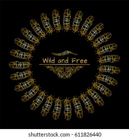 Vector tribal frame with place for Your text. Illustration of ethnic feathers, dreamcatcher. Boho style art, perfect for invitations, quotes, blogs, posters and more. Premium gold style 