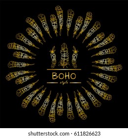 Vector tribal frame with place for Your text. Illustration of ethnic feathers, dreamcatcher. Boho style art, perfect for invitations, quotes, blogs, posters and more. Premium gold style 