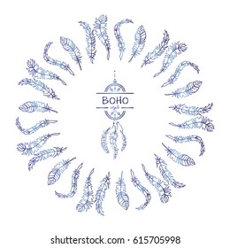 Vector tribal frame with place for Your text. Illustration of ethnic feathers, dreamcatcher. Boho style art, perfect for invitations, quotes, blogs, posters and more. Blue watercolor style