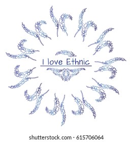 Vector tribal frame with place for Your text. Illustration of ethnic feathers, dreamcatcher. Boho style art, perfect for invitations, quotes, blogs, posters and more. Blue watercolor style