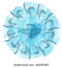 Vector tribal frame with place for Your text. Illustration of ethnic feathers, dreamcatcher on water drops background. Boho style art, different elements in each art