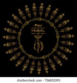 Vector tribal frame with place for Your text. Illustration of stars and arrows. Boho style art, perfect for invitations, quotes, blogs, posters and more. Premium gold style