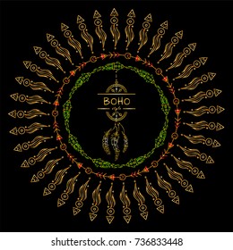 Vector tribal frame with place for Your text. Illustration of stars and arrows. Boho style art, perfect for invitations, quotes, blogs, posters and more. Premium gold style