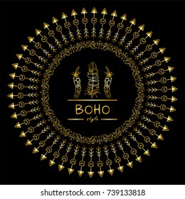 Vector tribal frame with place for Your text. Illustration of stars and arrows. Boho style art, perfect for invitations, quotes, blogs, posters and more. Premium gold style