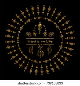 Vector tribal frame with place for Your text. Illustration of stars and arrows. Boho style art, perfect for invitations, quotes, blogs, posters and more. Premium gold style