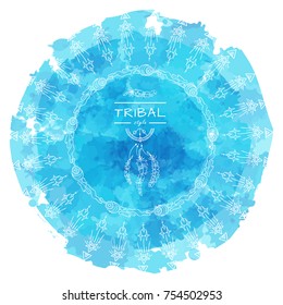 Vector tribal frame with place for Your text. Illustration of stars and arrows on blue water drops background. Boho style art, perfect for invitations, quotes, blogs, posters and more 