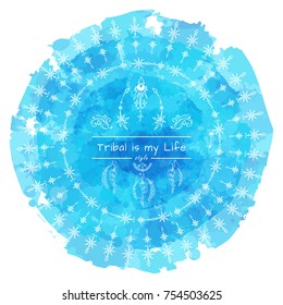Vector tribal frame with place for Your text. Illustration of stars and arrows on blue water drops background. Boho style art, perfect for invitations, quotes, blogs, posters and more
