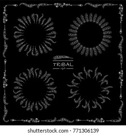 Vector tribal frame with place for Your text. Illustration of ethnic feathers, dreamcatcher. Boho style art, perfect for invitations, quotes, blogs, posters and more. Black and white chalkboard style